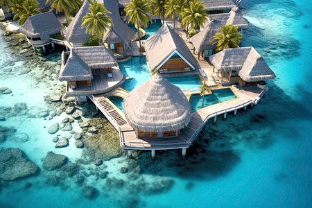 water villas in blue sea background,ariel view,summer holidays resort.の素材