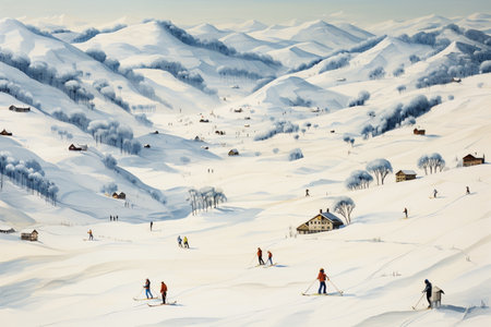 people skiing on mountains resort,spending winter holidays.の素材