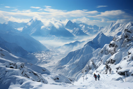 people skiing on mountains resort,spending winter holidays.の素材