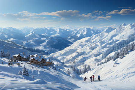 people skiing on mountains resort,spending winter holidays.の素材