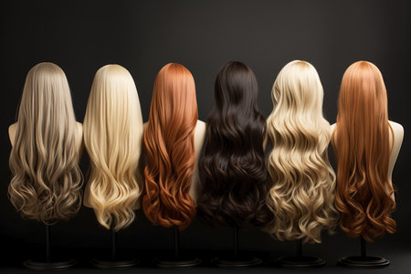 lots of woman's wigs in shop with wavy hair.の素材