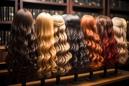 lots of woman's wigs in shop with wavy hair.の素材