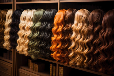 lots of woman's wigs in shop with wavy hair.の素材