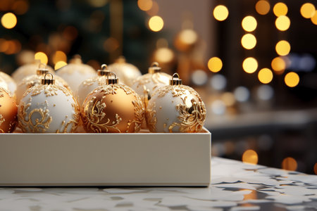 close up of festive Christmas balls in box,decoration for holidays.の素材