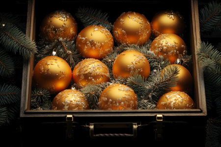 close up of festive Christmas balls in box,decoration for holidays.の素材