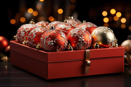 close up of festive Christmas balls in box,decoration for holidays.の素材