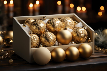 close up of festive Christmas balls in box,decoration for holidays.の素材