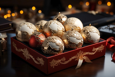close up of festive Christmas balls in box,decoration for holidays.の素材