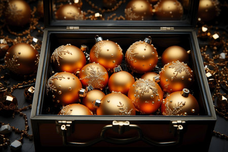 close up of festive Christmas balls in box,decoration for holidays.の素材