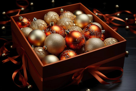 close up of festive Christmas balls in box,decoration for holidays.の素材