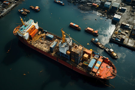 lots of ship in the seaport ariel view.の素材