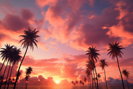 palm trees in pink sky on the sunset.の素材