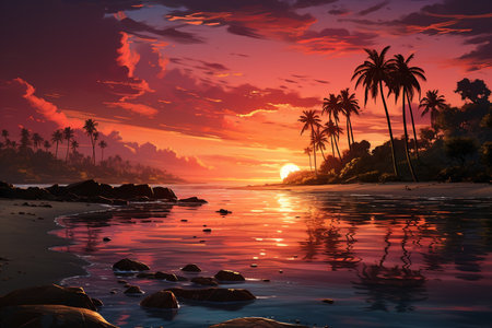palm trees in pink sky on the sunset.の素材