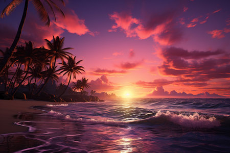 palm trees in pink sky on the sunset.の素材