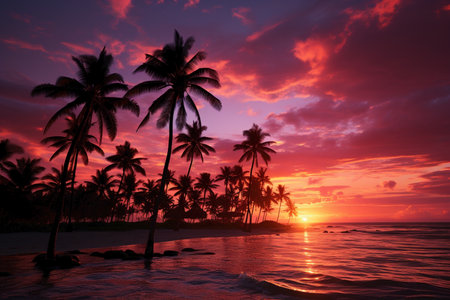 palm trees in pink sky on the sunset.の素材