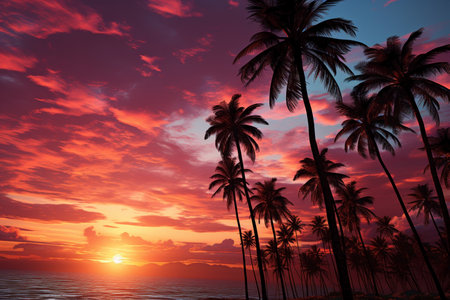 palm trees in pink sky on the sunset.の素材
