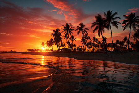 palm trees in pink sky on the sunset.の素材