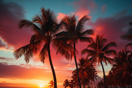 palm trees in pink sky on the sunset.の素材