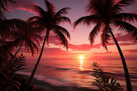palm trees in pink sky on the sunset.の素材