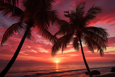 palm trees in pink sky on the sunset.の素材