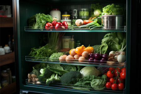 refrigerator with fresh green vegetables,vegan's kithen.の素材