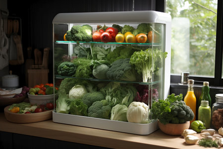 refrigerator with fresh green vegetables,vegan's kithen.の素材