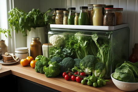 refrigerator with fresh green vegetables,vegan's kithen.の素材