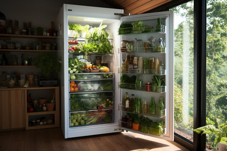 refrigerator with fresh green vegetables,vegan's kithen.の素材
