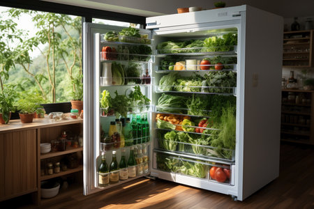 refrigerator with fresh green vegetables,vegan's kithen.の素材