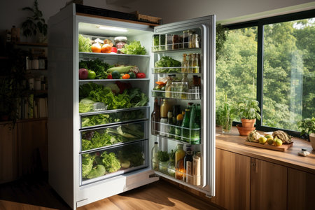 refrigerator with fresh green vegetables,vegan's kithen.の素材