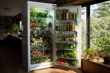 refrigerator with fresh green vegetables,vegan's kithen.の素材