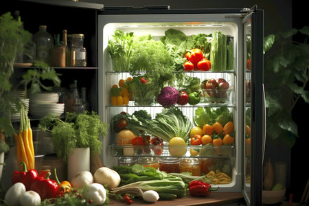 refrigerator with fresh green vegetables,vegan's kithen.の素材