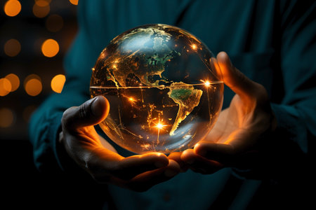 hands holding earth planet close up.の素材