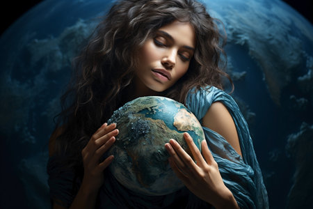 woman holding earth planet in her hands.の素材