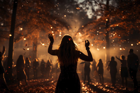 christmas festive party silhouttes dancing,confetti and bokeh lights, atmospheric photo.の素材
