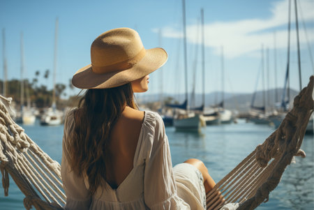 woman in a hat in a hammock on the blue water background, back view.の素材