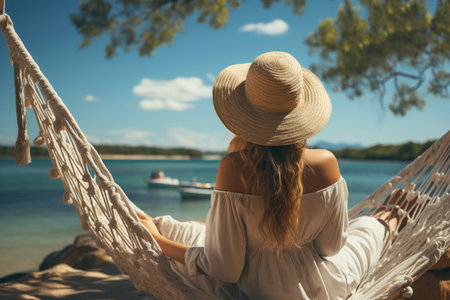 woman in a hat in a hammock on the blue water background, back view.の素材