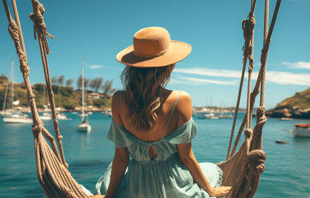 woman in a hat in a hammock on the blue water background, back view.の素材