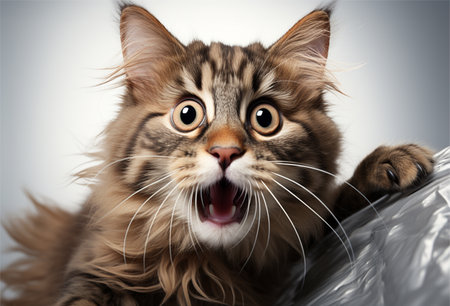 portrait of crazy surprised fluffy cat.の素材