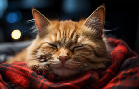portrait of sleeping red cat in blanket.の素材