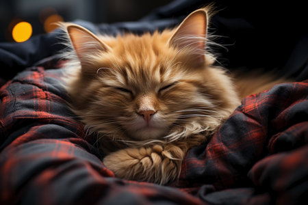 portrait of sleeping red cat in blanket.の素材