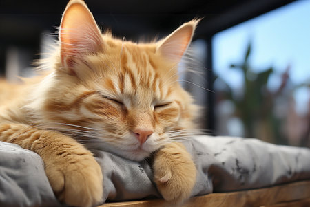 portrait of sleeping red cat in blanket.の素材