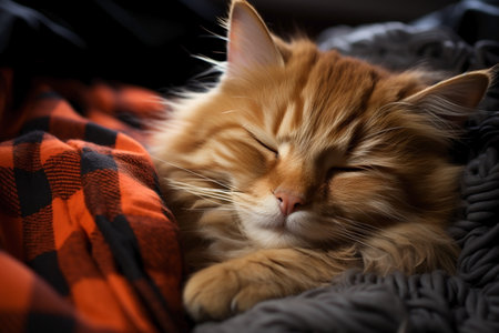 portrait of sleeping red cat in blanket.の素材