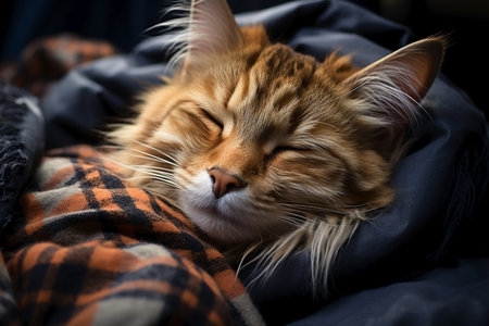 portrait of sleeping red cat in blanket.の素材