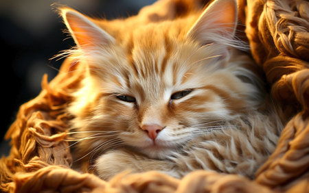 portrait of sleeping red cat in blanket.の素材