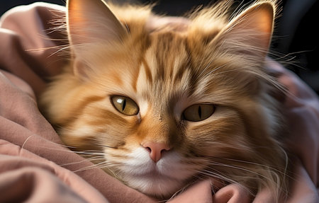 portrait of sleeping red cat in blanket.の素材