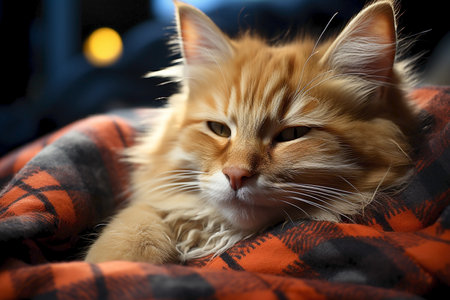 portrait of sleeping red cat in blanket.の素材