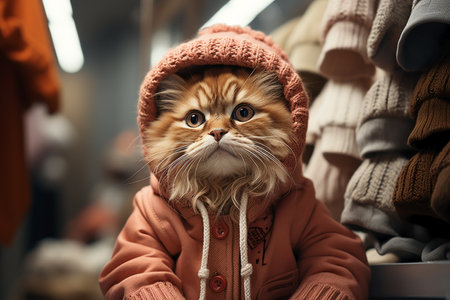 cute funny cat in winter clothes in fitting room.の素材