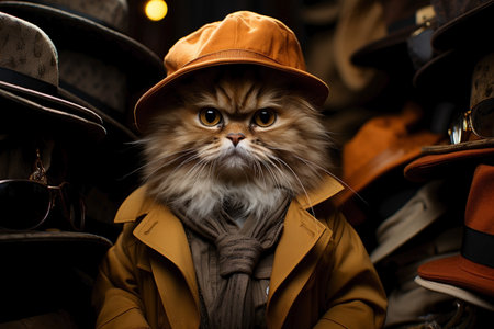cute funny cat in winter clothes in fitting room.の素材