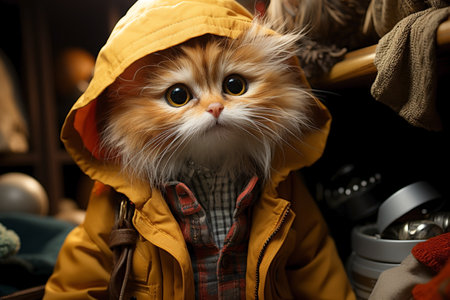 cute funny cat in winter clothes in fitting room.の素材
